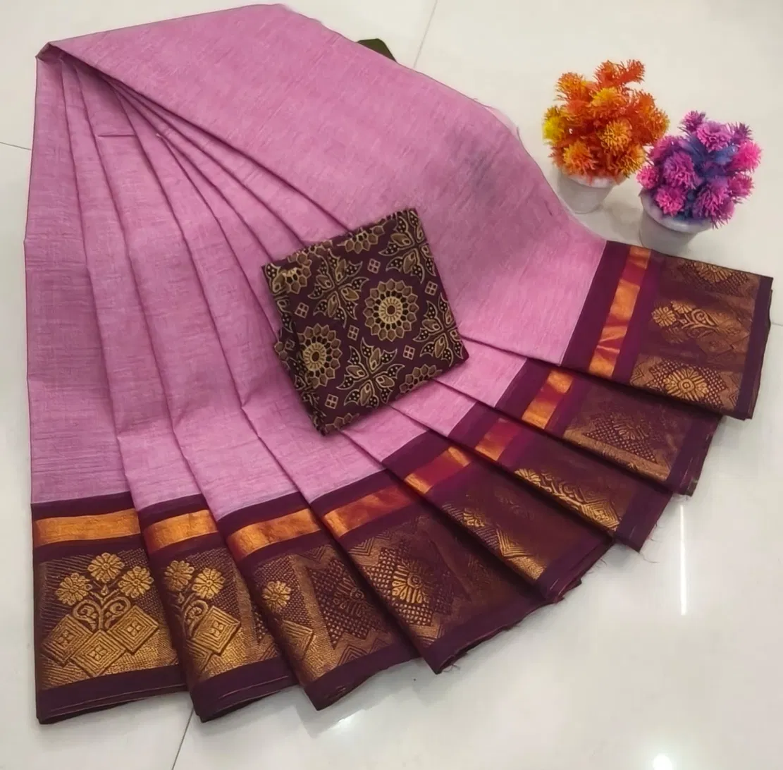 Lilac with Wine Maroon Gold Zari Floral Chettinad Cotton Saree